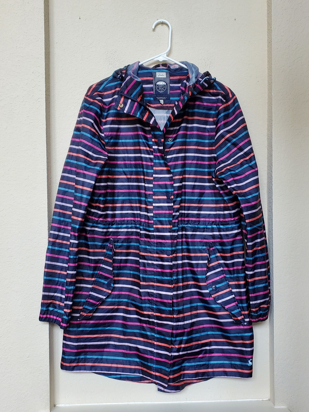 Joules Navy Striped Hooded Waterproof Raincoat. Size 10